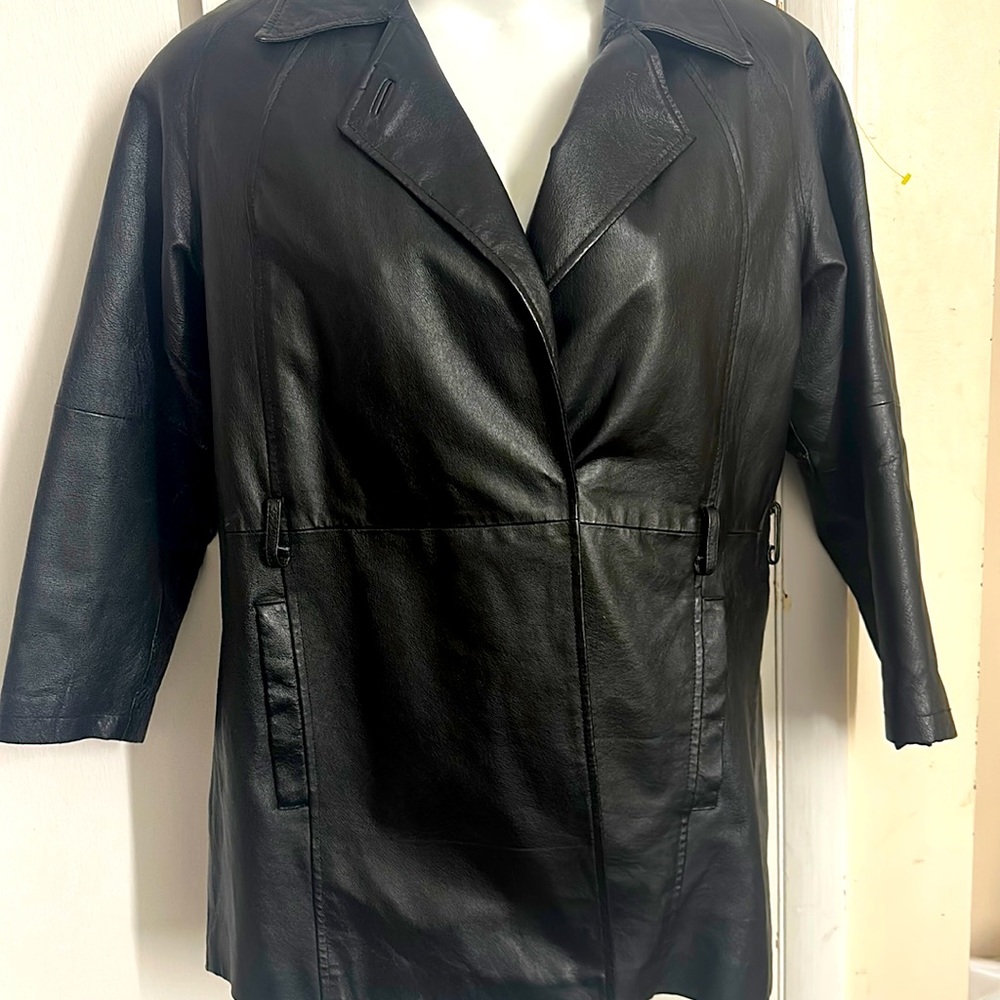 Phase Two Black Genuine Leather 3/4 Length Coat Size Large